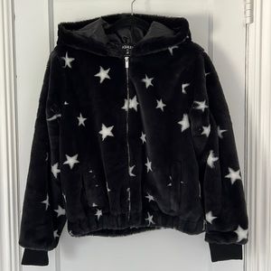Hooded Faux Fur Jacket- Black and White- size Junior L